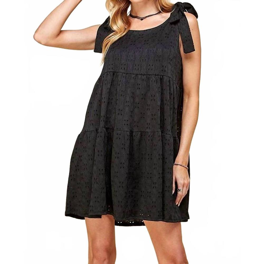 NEW SHOPIN LA ribbon tie eyelet tiered mini dress in black